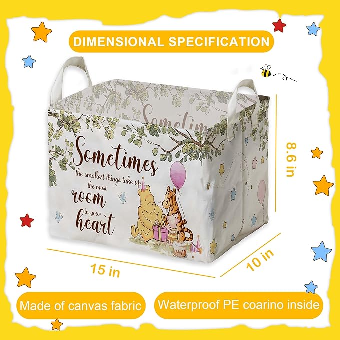 Winnie Nursery Decor, the Pooh Baby Stuff, Winnie Storage Nursery Basket, Large squarecanvas Laundry Hamper With A Waterproof PECoating, Foldable, Toys Bin, Baby Nursery HamperDecor, Star