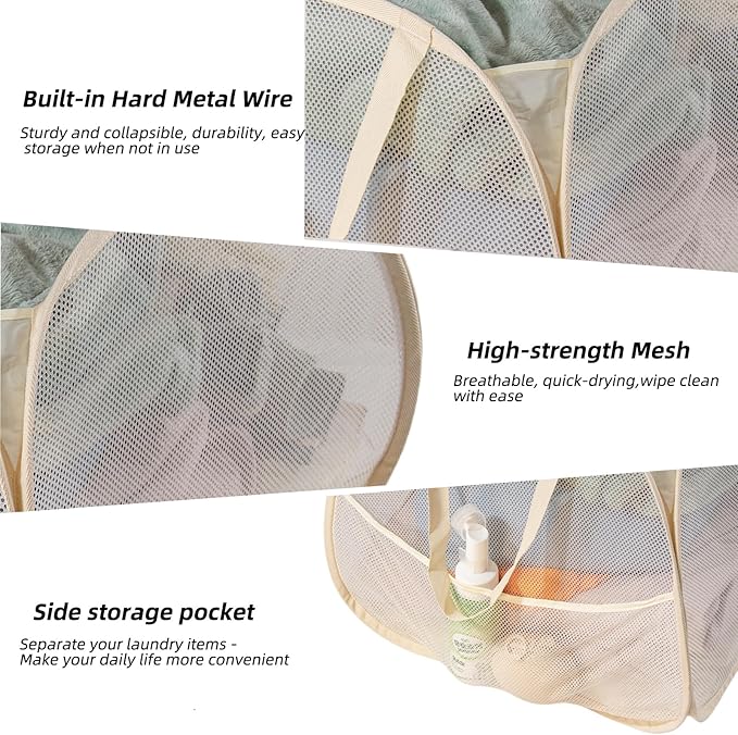 Collapsible Laundry Basket 90L, Foldable Mesh Pop-up Laundry Hamper with Handles, Dirty Clothes Hamper for Laundry with Side Storage Pocket (Beige)