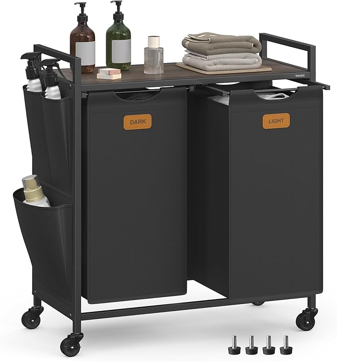 VASAGLE Laundry Hamper, Laundry Sorter Rolling Cart with Shelves, Small Side Pockets, 6 Labels, 2 Compartments, 26.4 Gal. (100 L), Ink Black and Ash Brown UBLH222BH01