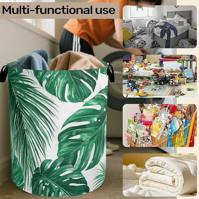 Tropical Leaves Laundry Basket with Handles - Extra Large Foldable Hamper for Bathroom/Laundry/Bedroom/Dorm, Washable Fabric Storage Bin