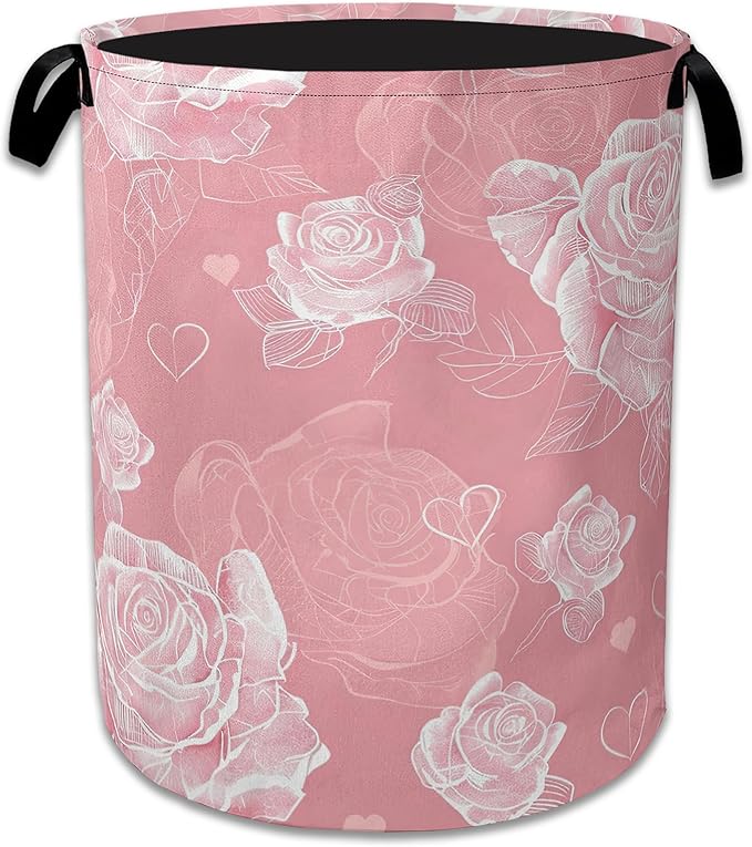 Pink Roses Large Storage Basket Collapsible Laundry Basket Oxford Storage Bin for Toy Bins Gift Baskets Bedroom Clothes Children Nursery Hamper 16" X 20.8"