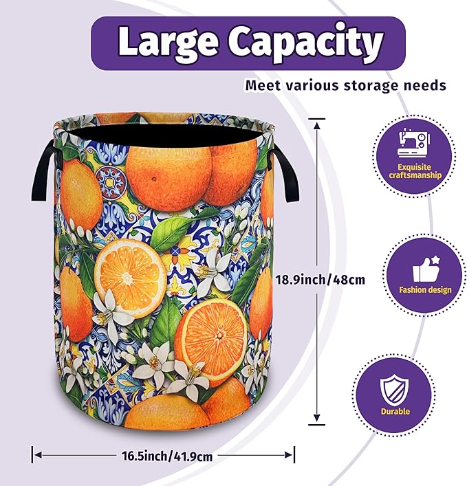 Tangerine Laundry Basket Mexican Tiles Foldable Oxford Cloth With Handle Portable Colorful Storage Basket Organizer Suitable For Laundry Room/Living Room/Children'S Room (18.9 X 16.5 Inch)