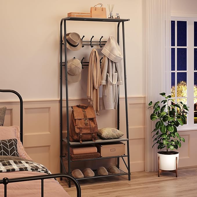 Coat Rack Shoe Bench with Double-Row 10 Hooks 60cm Width, 3-Tier Shelf Entryway Hall Tree with Storage, Metal Frame Multifunctional Organizer, 4-in-1 Coat Rack for Bathroom, Hallway.Grey.