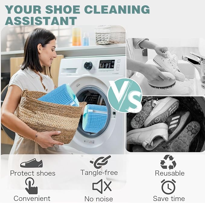 Shoe Washing Machine Bag,Laundry Shoe Bag for Washer and Dryer,Reusable Shoe Cleaning Bag for Sneakers,Tennis Shoes,With Self-locking Zipper, Microfiber Inside,Include Shoes Storage Bag (Blue(2PC))