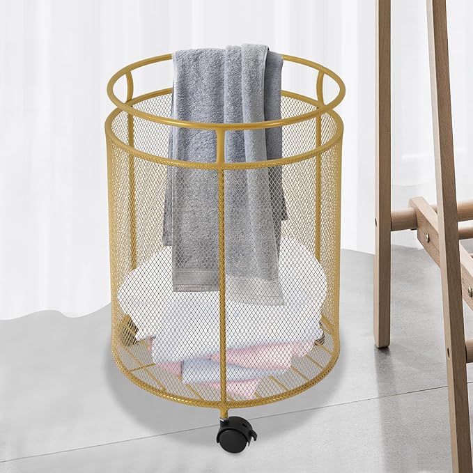 Rolling Laundry Basket Cart, Metal Laundry Basket with Wheels Standing Laundry Hamper Cart with Large Capacity Mobile Storage Cart Gold for Bedroom Bathroom Balcony