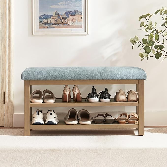 Shoe Rack Bench with Cushion, 2 Tier Solid Wood Storage Bench, Mid-Century Modern Shoe Bench for Entryway, Hallway, Closet, Front Door Entrance, Foyer (Teal, 39.4")