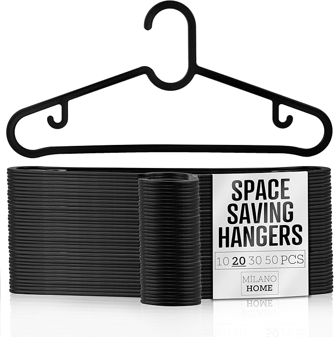 20 Pack Black Thin Plastic Hangers, Lightweight Yet Sturdy, Space-Saving Clothes Hangers for T-Shirts and Shirts, Slim Hangers, Break-Resistant Design with Premium European Quality