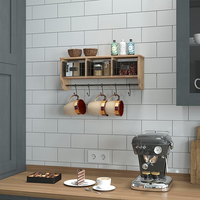 Flash Furniture Daly Wall Mounted Storage Rack - Rustic Brown Solid Pine Wood - 24 Inch - Upper Shelf - 5 Hooks - Wire Baskets - For Entryway, Kitchen, Bathroom