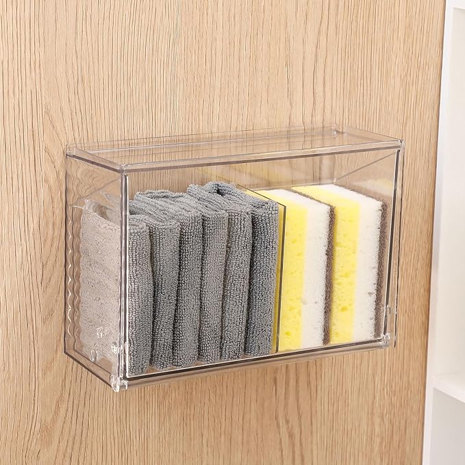 Clear Dishwasher Detergent Dispenser Holder, Large Adhesive Under Sink Door Storage and Organizer for Kitchen and Bathroom, Plastic Laundry Pods Box