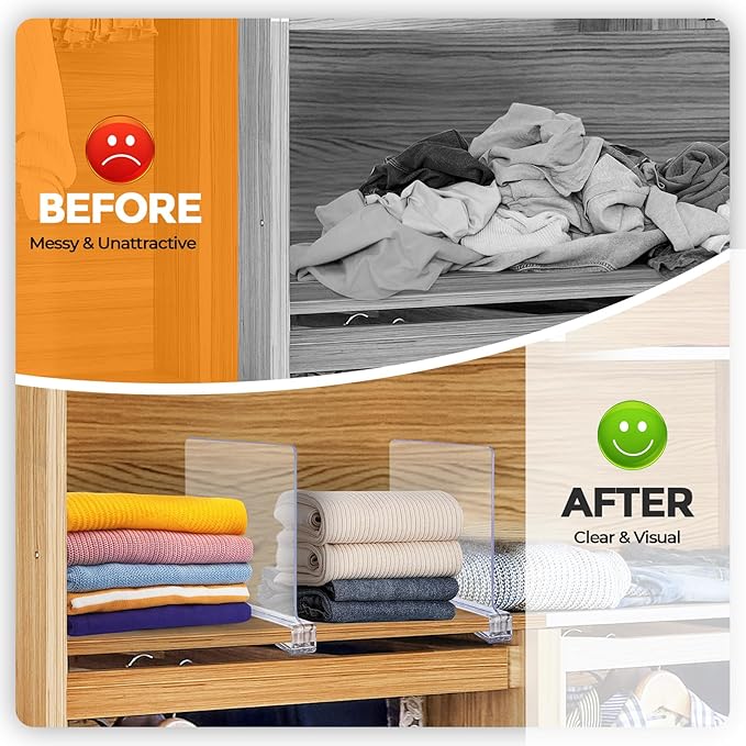 JOY DECOR 6 Pack Acrylic Clear Shelf Dividers for Closets Organizer and Storage Adjustable Vertical Wood Shelf Closet Separators for Clothes,Book,Bags in Bedroom and Kitchen