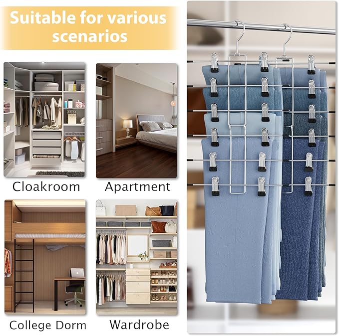 Pants Hangers-Closet Organizers and Storage-Hanging Closet Organizer-6 Tier-Skirt & Pants Hanger Space Saving-Durable Closets Organization Hanger-Skirt Hangers with Clips-4 Pack -Apartment Essentials