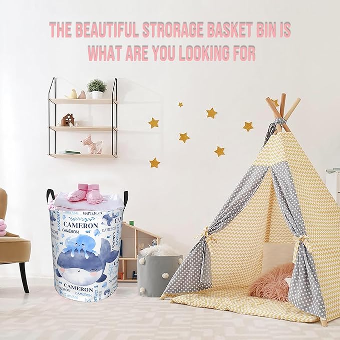 Whales Laundry Basket,Personalized Laundry Hamper for Boys Girls,Custom Laundry Basket With Name, Customized Dirty Clothes Hamper for Bathroom Bedrooms,S-16.5"X 13.8"