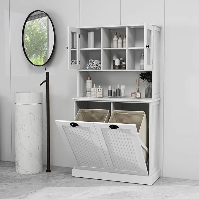 Tall Tilt-Out Double Doors Laundry Cabinet Hamper, Large Pull Out Laundry Room Storage Cabinets, Bathroom Cabinet with Hidden Laundry Hamper & Glass Doors, White,13 * 2 Gallons