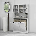 Tall Tilt-Out Double Doors Laundry Cabinet Hamper, Large Pull Out Laundry Room Storage Cabinets, Bathroom Cabinet with Hidden Laundry Hamper & Glass Doors, White,13 * 2 Gallons