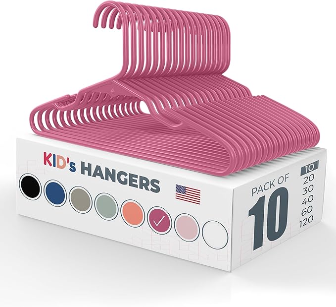 Neaties Plastic 12” Kids Hangers 10 Pack – Made in The USA – 5lb Capacity Baby & Toddler Clothes Hangers with Notches & Reinforced Edges – Fits Children’s Sizes Up to 8 – Pink