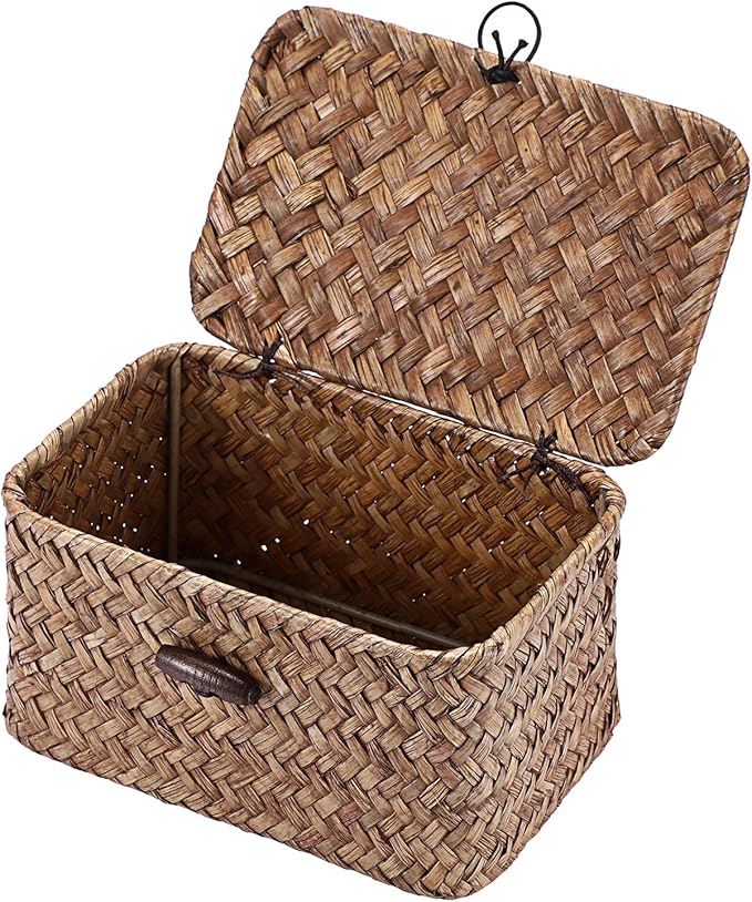 Handwoven Wicker Storage Basket Small Seagrass Box with Lid Multipurpose Table Organizer for Dental Floss Paper Clip Holder, 6.1" x 4" x 3.3"