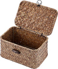 Handwoven Wicker Storage Basket Small Seagrass Box with Lid Multipurpose Table Organizer for Dental Floss Paper Clip Holder, 6.1" x 4" x 3.3"