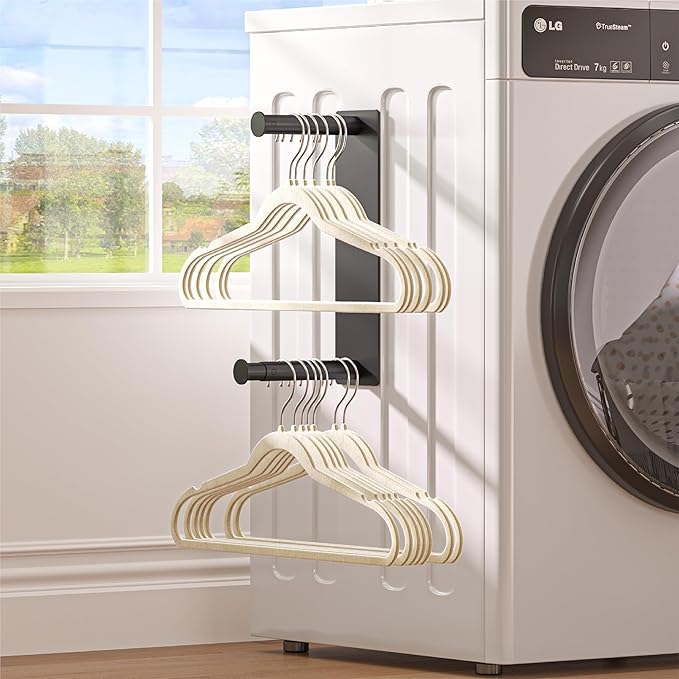 Hanger Organizer Stacker, Magnetic Hanger Holder, Retractable Hanger Storage Rack for Laundry Room Organization, Washing Machine and Dryer, Holds 50 Velvet/Wire/Plastic Hangers (Black)