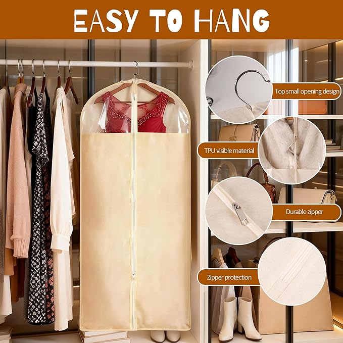 2 Pack 24 x 60 Inches Cotton Garment Bags for Hanging Clothes, Breathable Garment Bags for Long Dress, Fur Coat, Jacket, Gown, Suit, Garments Covers with Clear Window