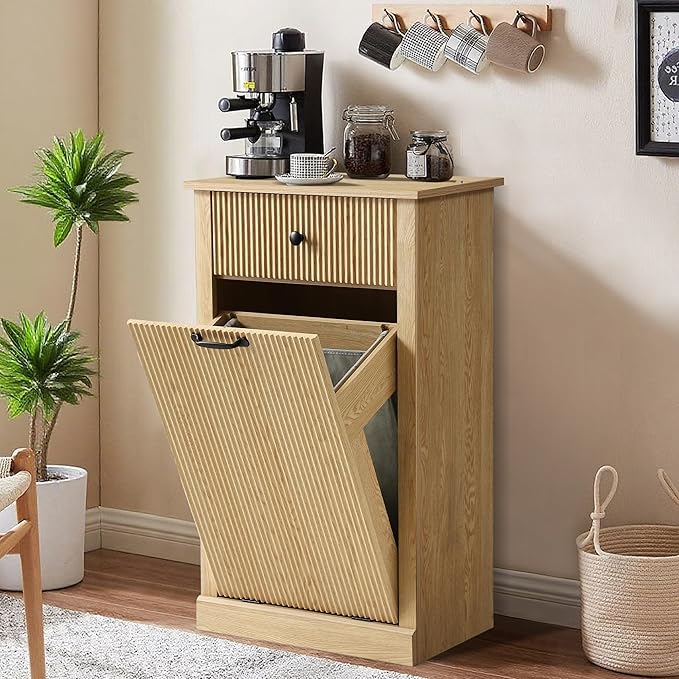 Modern Tilt Out Laundry Hamper Cabinet, Fluted Hidden Garbage Cabinet with Laundry Storage Basket, Wooden Trash Can Cabinets with Drawer (Natural Oak, 13"D x 21"W x 36"H (Single))