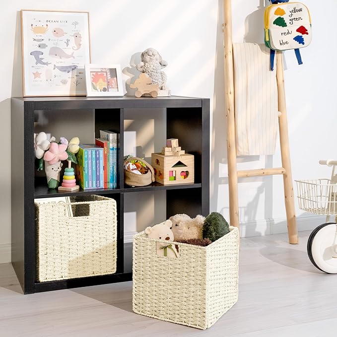 StorageWorks 11 inch Wicker Baskets, Handwoven Storage Cubes with Handles, Foldable Paper Rope Basket for Organizing, Beige, 2 Pack