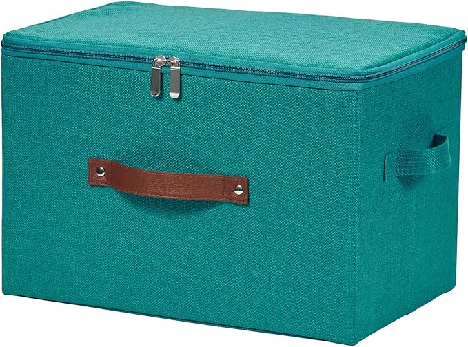Storage Bins with Zipper Lid Cotton Linen Fabric Lidded Storage Baskets Boxes Foldable Washable Closet Shelf Clothes Organizer Container with PU Leather Handles (Teal Blue, Large)