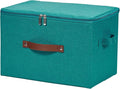 Storage Bins with Zipper Lid Cotton Linen Fabric Lidded Storage Baskets Boxes Foldable Washable Closet Shelf Clothes Organizer Container with PU Leather Handles (Teal Blue, Large)