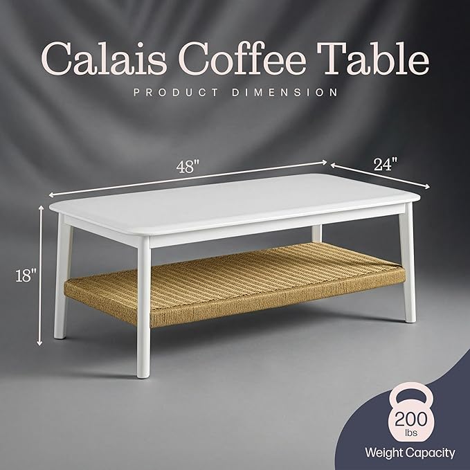 Alaterre Furniture Calais Modern Coffee Table for Living Room - 48 Inch 2-Tier Wooden Rectangular Living Room Table with Woven Storage Shelf - Mid Century Modern Furniture (White)
