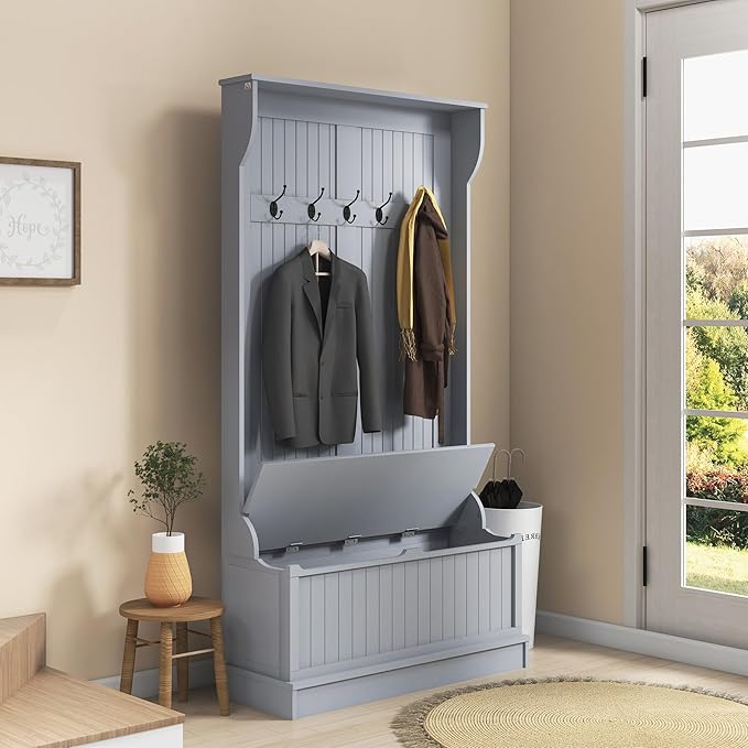 HOMCOM Hall Tree with Bench and Shoe Storage, 3-In-1 Entryway Bench with Coat Rack, 5 Hooks and Flip Top Storage Compartment, Gray
