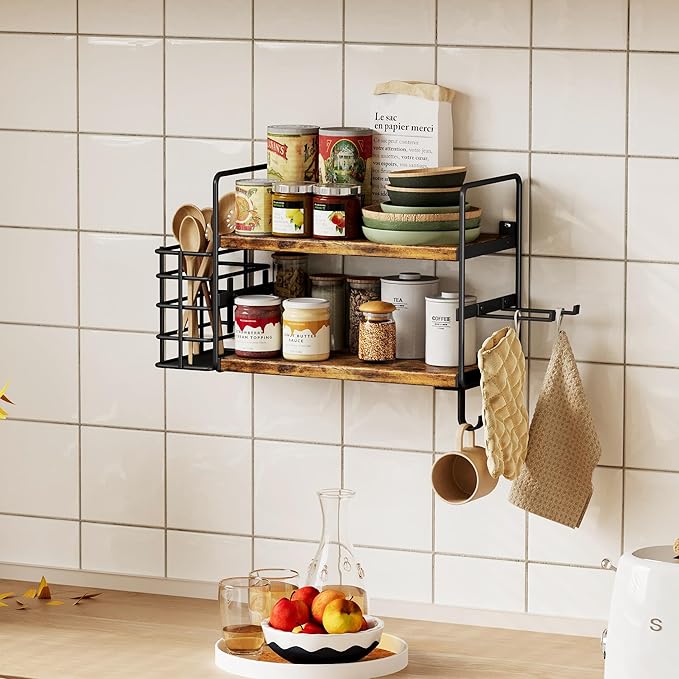 3-in-1 Wall Mounted Hair Dryer Holder with 2 Tier Shelves & Detachable Basket, Space Saving Organizer for Bathroom, Kitchen, Bedroom, Rust-Resistant, Easy Install (Rustic Brown)