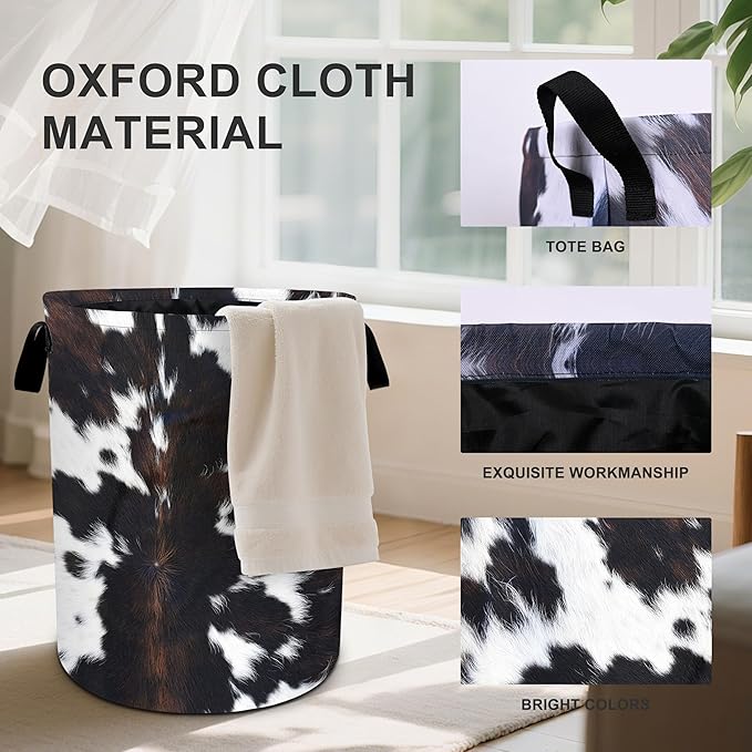 White Black Cowhide Laundry Basket Laundry Hamper With Handles Collapsible Laundry Baskets Storage Basket For Room Bathroom Bedroom Decor