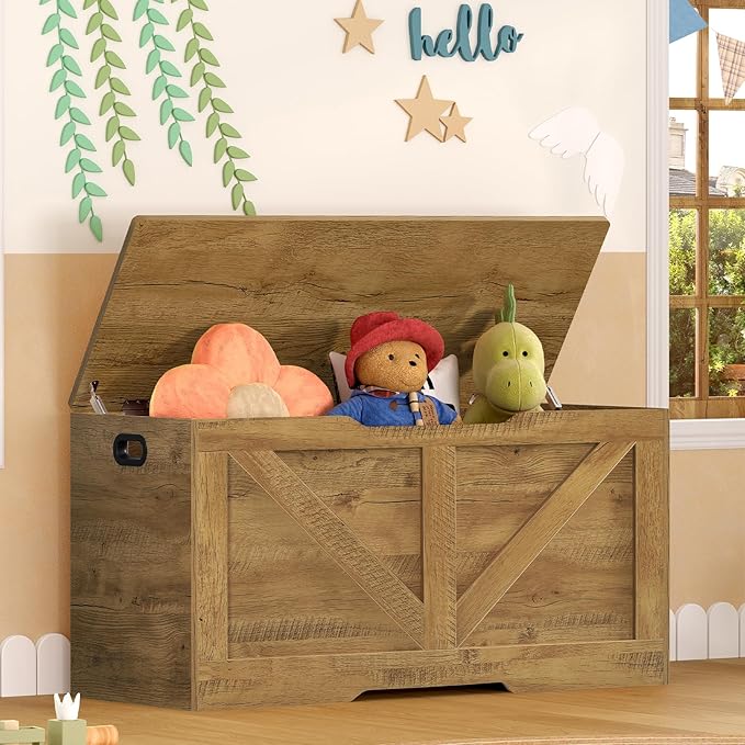 usikey Toy Box, Storage Chest with Safety Hinges, Lift Top Wooden Toy Chest, Storage Bench, for Living Room, Bedroom, Entryway, Honey Brown