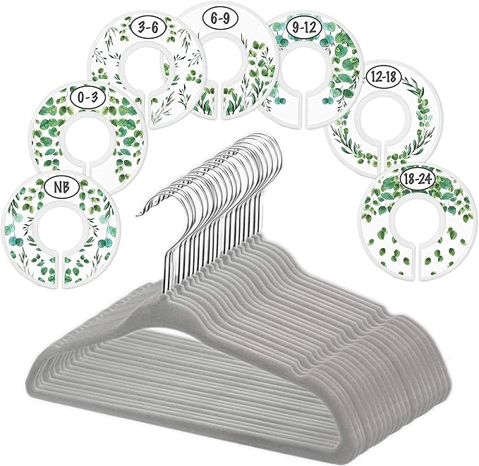 Baby Hangers and Closet Size Dividers - 7X Botanical Clothing Dividers with 20x Velvet Hangers for Baby Closets - Nursery Clothes Organizer - Eucalyptus Vines Leaf Plant Greenery Décor [Botanical]