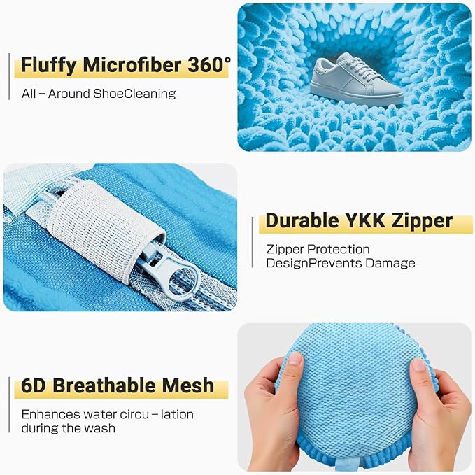 Shoe Washing Machine Bag,Reusable Laundry Cleaning bags for Washer and Dryer Fluffy Fibers 360° Wrap-Around Cleaning for All Shoes with Adjustable Shoe Trees & Dust-Proof Bag (Blue 4Pcs)