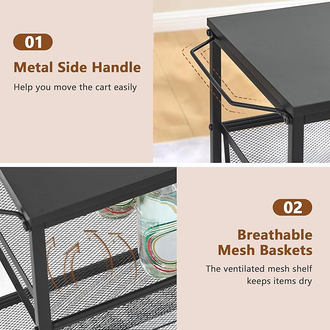 Hoctieon Rolling Storage Cart, 4-Tier 11.8" Wide Panel Rolling Kitchen Storage Cart, Utility Cart with Handle & Wheels, Mobile Shelving Unit, Metal Frame Narrow Cart for Home Kitchen, Laundry, Black