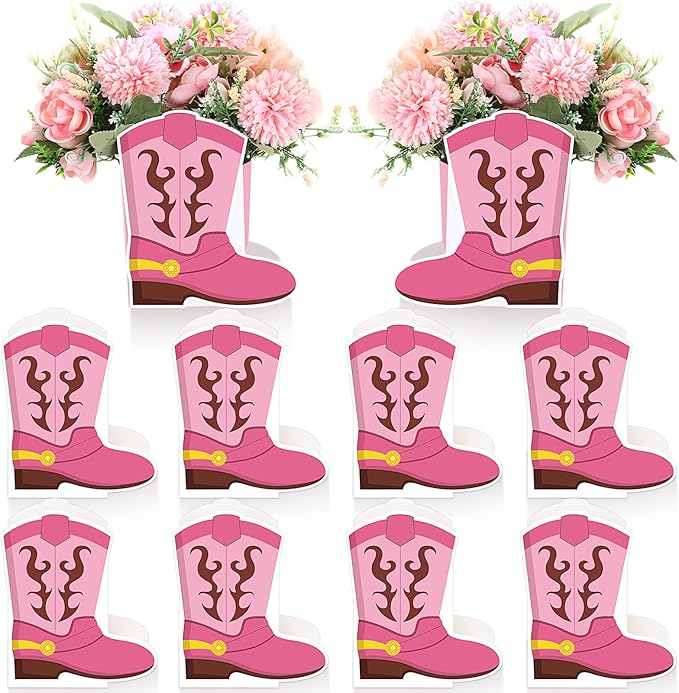 8 Set Western Cowboy Boots Flower Boxes Centerpiece Boot Shape Gift Boxes Western Party Decoration Vase Centerpieces for Table Rodeo Birthday Baby Shower Wedding Supplies(Pink)