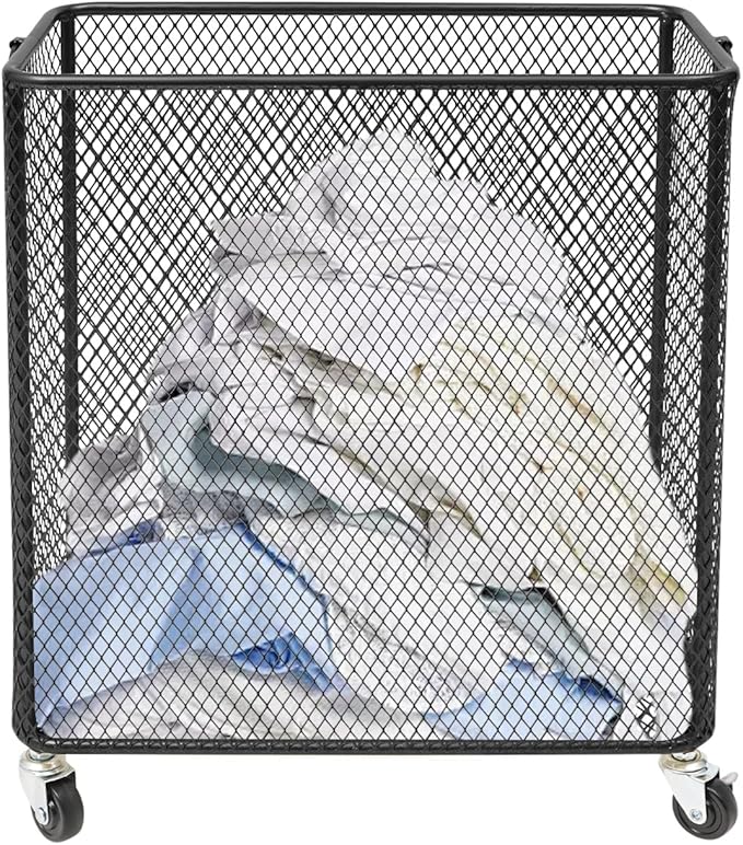 Laundry Basket on Wheels, Large Rolling Laundry Hampers, Stackable Storage Cart with Handles Removable Wire Organizer Baskets Clothing Sorting Rack (Black, Rectangular)