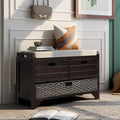 SOFTSEA Storage Bench Upholstered Storage Ottoman with Removable Basket and 2 Drawers, Farmhouse Shoe Bench with Seat Cushion, Full Assembled, Espresso