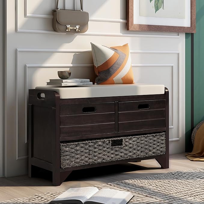 SOFTSEA Storage Bench Upholstered Storage Ottoman with Removable Basket and 2 Drawers, Farmhouse Shoe Bench with Seat Cushion, Full Assembled, Espresso