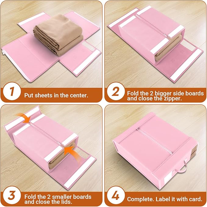 8 Pack Bed Sheet Closet Organizers and Storage,Sturdy Foldable Storage Containers with Window and Label,Storage and Organization for Bedding Sheets,Duvet Covers,Blankets (Pink)