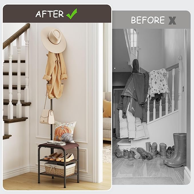 Coat Rack Stand Shoe Bench - 3 in 1 Coat Hall Tree with Shoe Storage With Benches Small Metal Shoes Shelf for Entryway Living Room Bedroom Hallway Mudroom