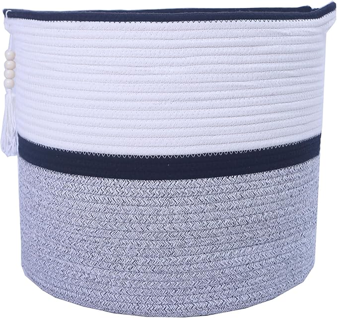 Large Woven Rope Laundry Hamper, Cotton Rope Storage Basket with Handles, Multipurpose Storage Basket for Laundry, Toys, Blankets in Bedroom, Bathroom, Living Room - Stylish & Durable (Black, 55L)