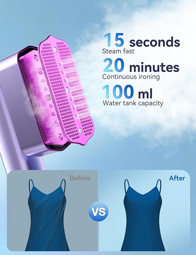 Steamer for Clothes, Sundu Portable 2-in-1 Steamer & Iron, 15s Fast Heat-up, 100ml Water Tank, Ironing Gloves, 20 Min Continuous Steam, Wrinkle Remover for Garment, Travel & Home Use (Rose Purple)