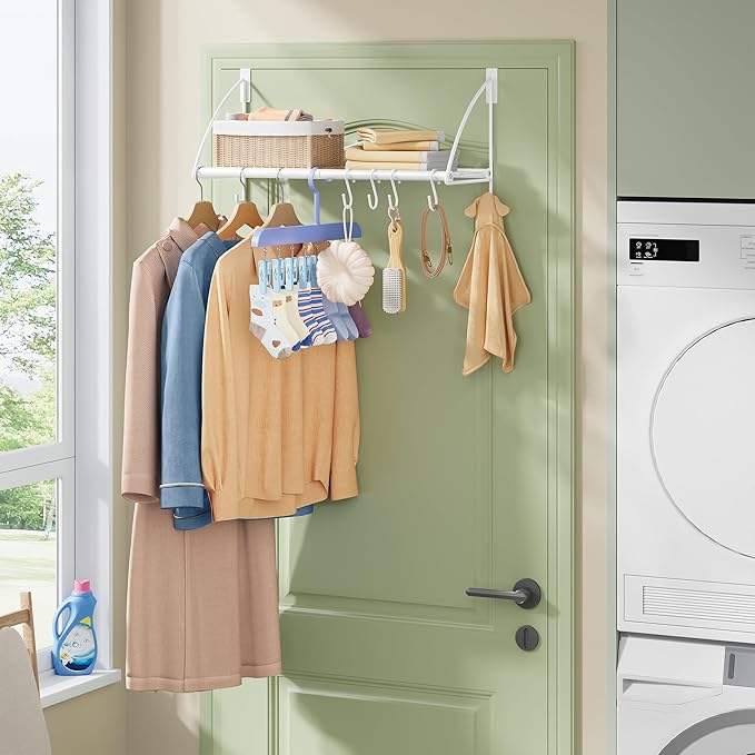 Tajsoon Over Door Clothes Hanger with Storage Rack and 6 Hooks, Extended Over The Door Clothes Rack for Hanging Coat for Bathroom, Bedroom, Living Room, White