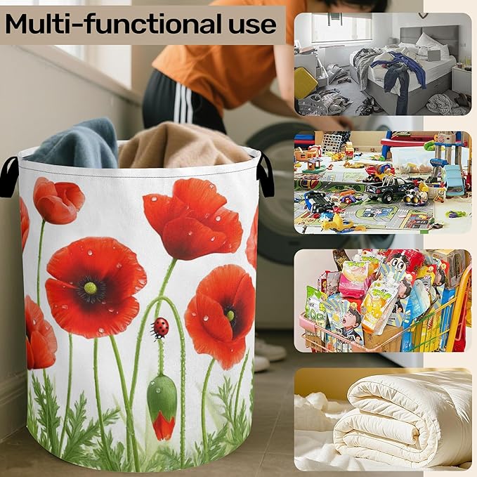 Red Flower Laundry Basket - Heavy Duty 60L Dirty Clothes Organizer, Water Resistant Foldable Hamper for Men Women