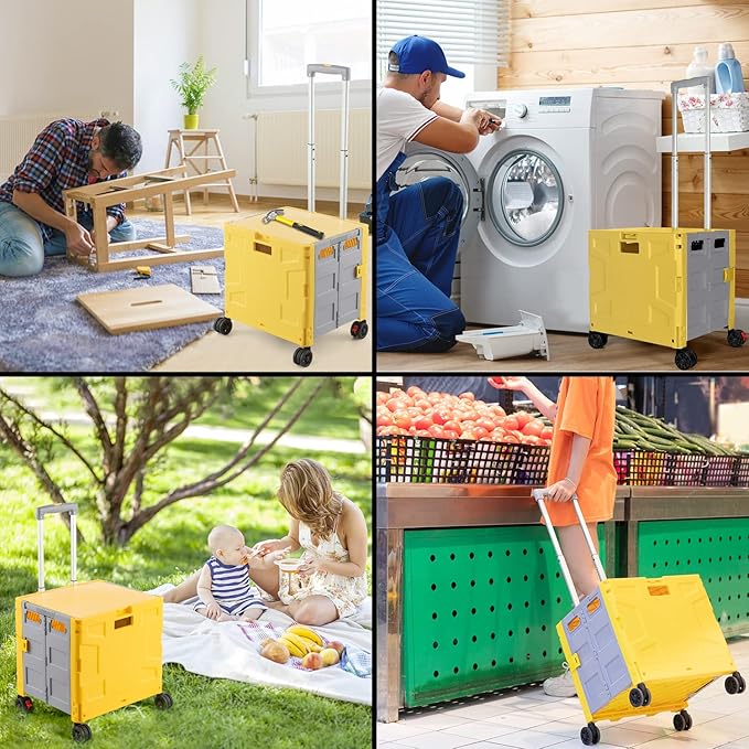 Foldable Shopping Utility Cart Portable Rolling Crate Handcart with 360°Rotate Wheel,Hidden Lid,Telescoping Handle Collapsible for Travel Shopping Moving Storage Office Use(Yellow/Gray)