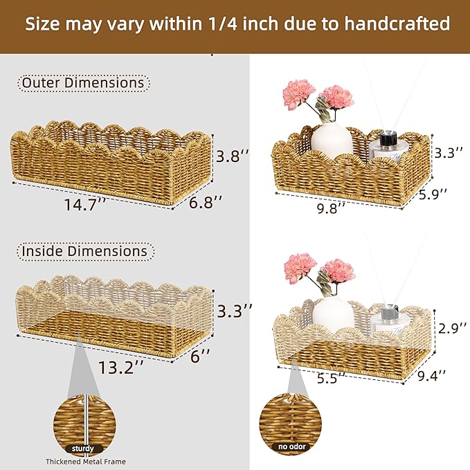 Scalloped Toilet Paper Basket - Resin Wicker Water-Resistant Storage Toilet Tank Topper Boho Style Set of 2