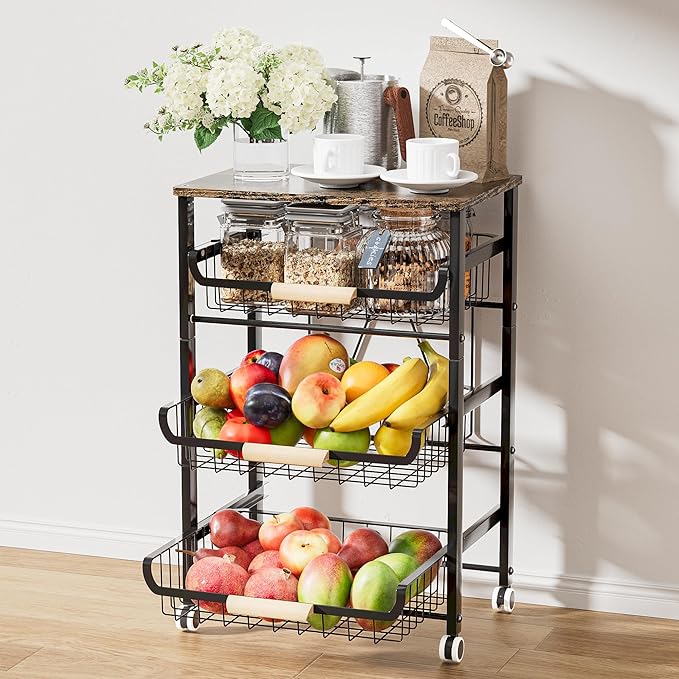 JAQ Fruit Vegetables Carts, 4-Tier Slide Out Metal Storage Baskets Stand Organizers with Wood Top and Handle on Rolling Wheels for Onions in Kitchen Pantry Fruteros para Cocina -(Black, 4 Layer)