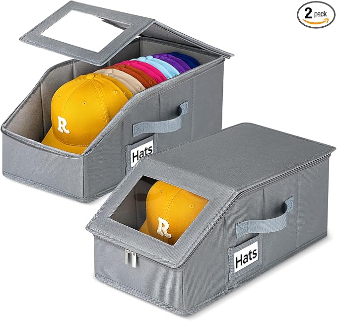 Dofilachy 2 Pack Stackable Hat Storage for Baseball Caps, Holds 28 Caps - Closet Organizer Box with Clear Window & Cardboard，Sturdy Snapback Hat Boxes for Home Storage (grey, 2)