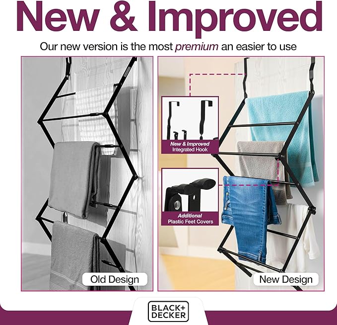BLACK+DECKER Over The Door Expandable Telescopic Drying Rack, Clothes Organizer, Towel Hanger, Laundry, Collapsible, Black